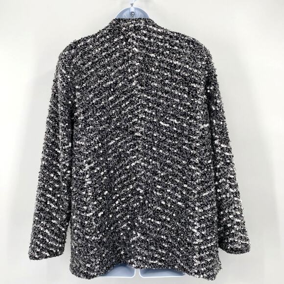 H&M Black Silver Sequin Oversize Textured Long Sleeve Open Front Lined Jacket M - Picture 7 of 13